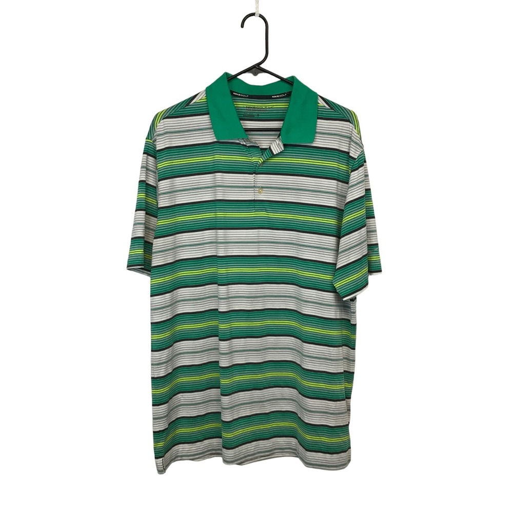 Nike Golf Tour Performance Dri-FIT Mens‎ Large Striped Polo Shirt Green Yellow